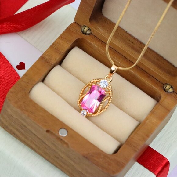 "Pink Rectangle Pendant with Gold Plated Brass and Crystal Accents, XPPT1681 - Picture 6 of 13